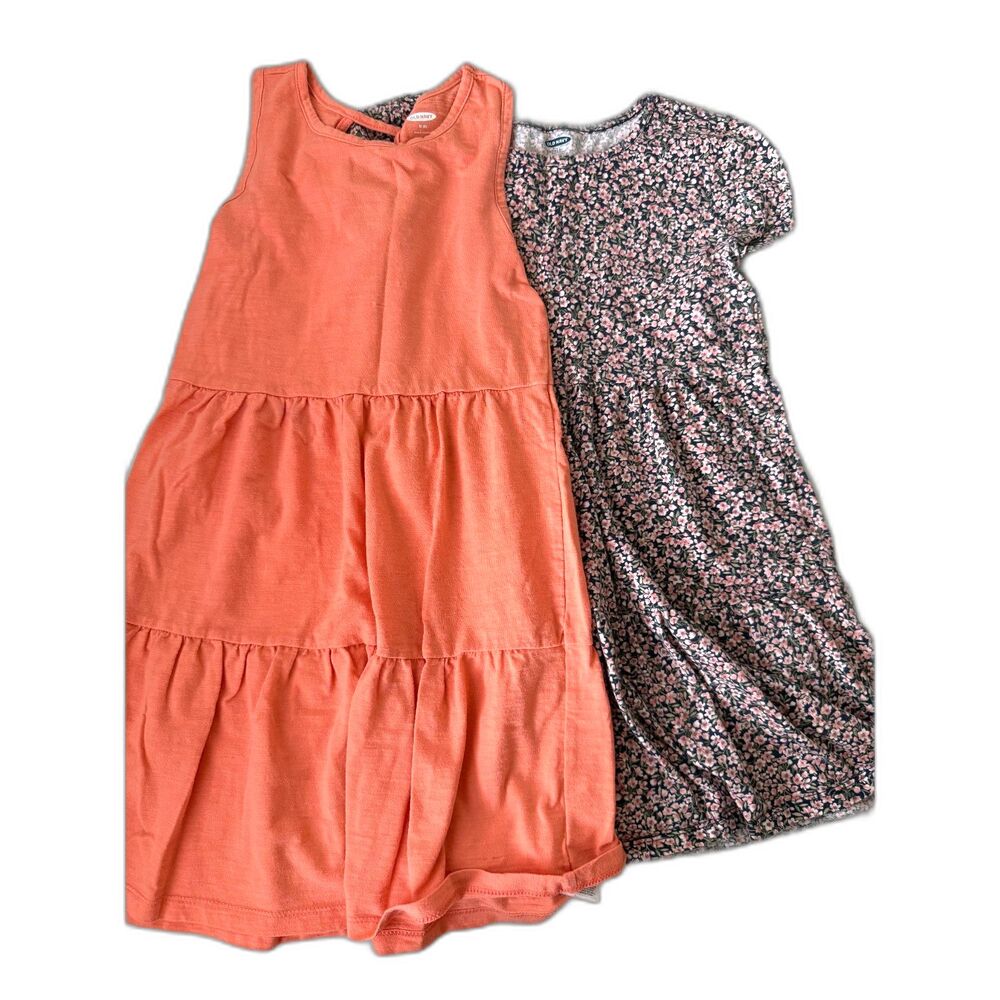 Lot of 2 Old Navy Girls Tiered Dresses Size M 8 Coral Pink Floral Short Sleeve